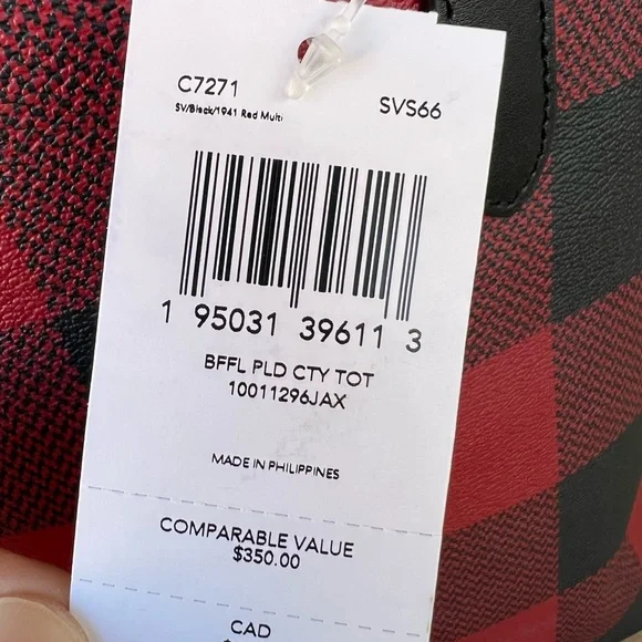 Coach buffalo Plaid Check Reversible Tote Handbag&wallet Red Black - Picture 13 of 13